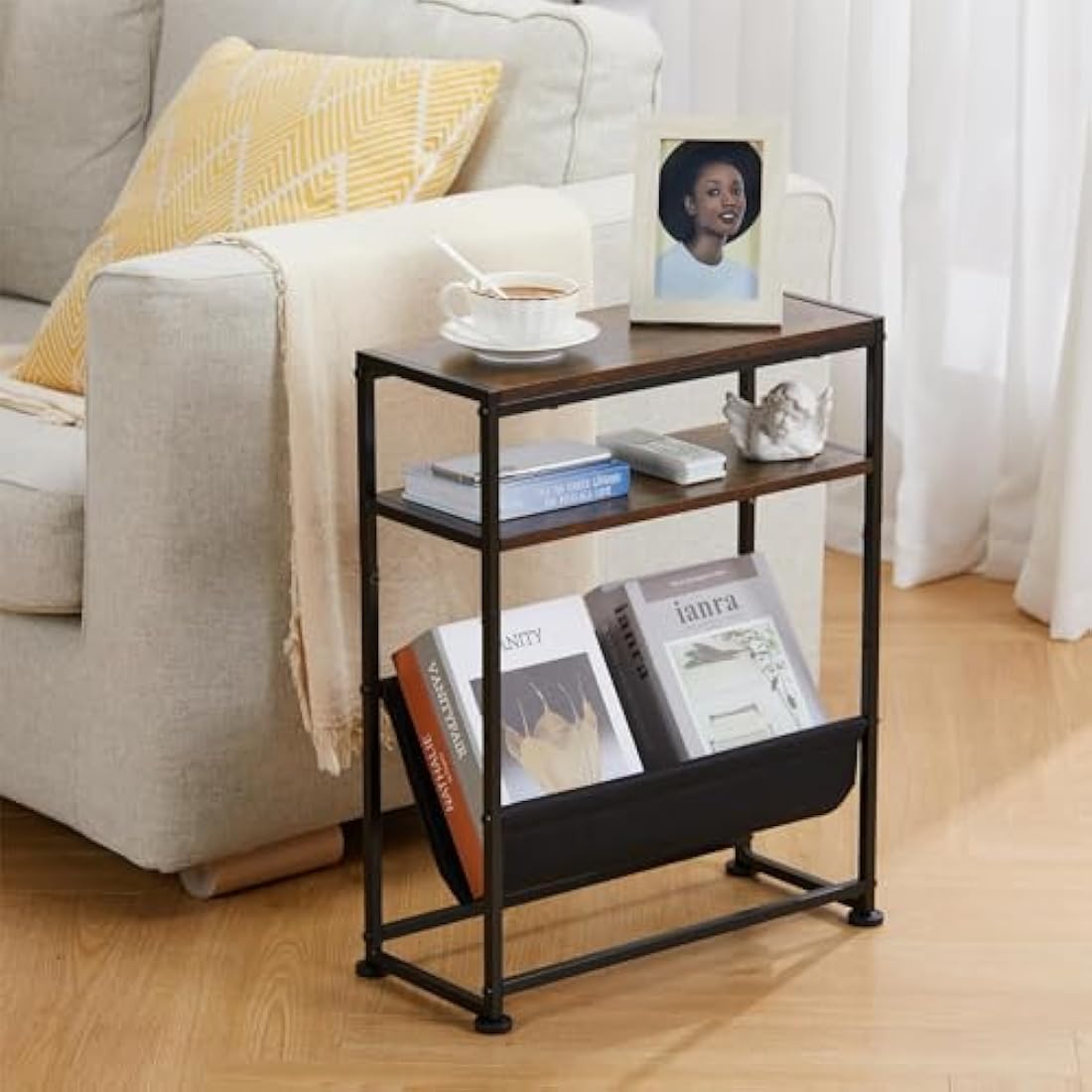 ZEXVIDA Small End Table for Small Spaces - Slim Side Table with Magazine Holder,2 in 1 Design Narrow End Table Living Room,Skinny Bedroom Nightstand Thin Side Magazine Table (Rustic Brown)