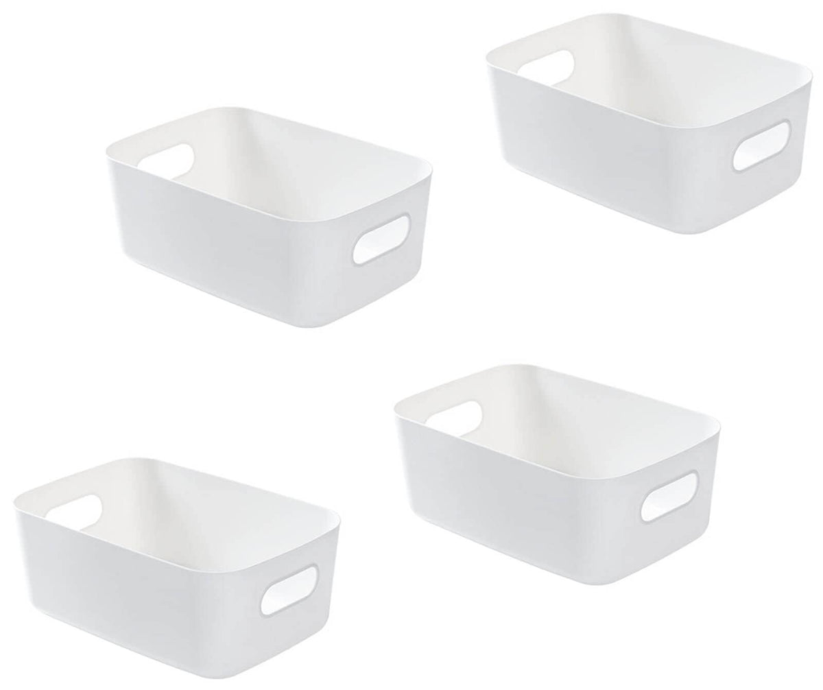 Bgfuni Set of 4 White Plastic Storage Baskets, Kitchen Cupboard Storage Tray, Bathroom Drawer with Handle for Stacking Kitchen, Bedroom, Office