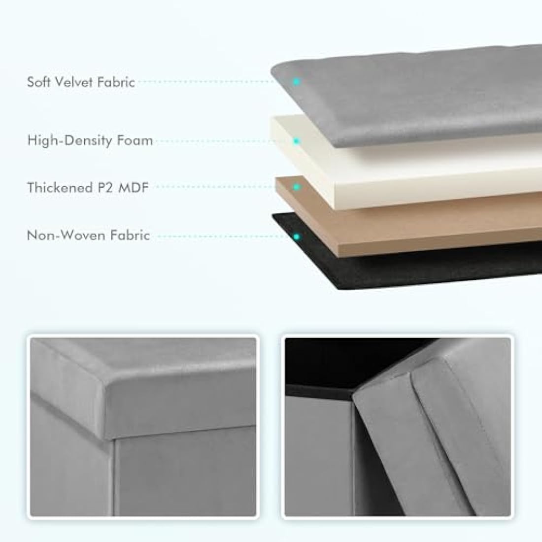 Bonlife Grey Folding Ottoman Storage Box with Seat Back Bedroom Chair Sturdy with Removable Lid 38x38x72cm