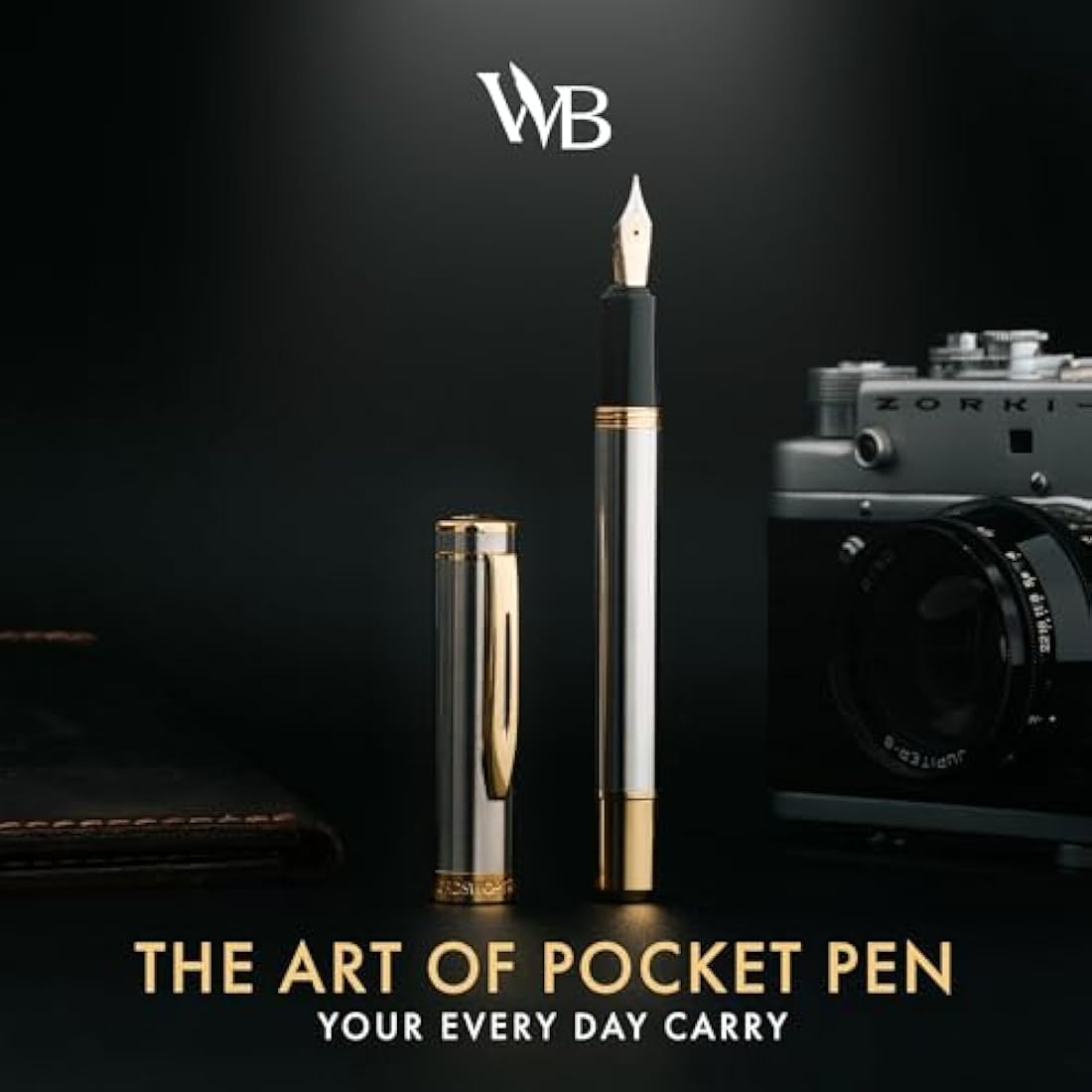 Wordsworth and Black Fountain Pen Mini EDC: Luxury Silver Heavy Pocket Pen, Gold Finish, Medium Nib, 6 Ink Cartridges, Ink Converter, Travel Refillable Writing Pen Gift Set, Men & Women