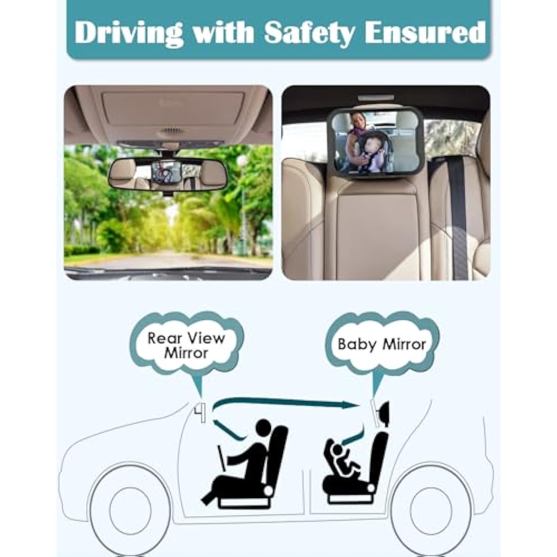 Zacro Baby Car Mirror - Large Fully Adjustable Shatter Proof Baby View Car Mirror Give Clear Views for Rear - Facing Car Seat, Strapped on Back Seat Headrest, Well - Designed for Baby Safety