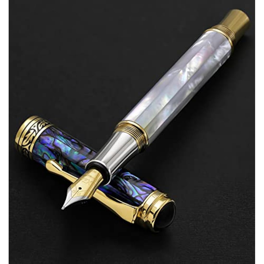 Xezo Maestro Fountain Pen, Medium Nib. Iridescent Oceanic Origin White Mother of Pearl and Pāua Sea Shell. 18 Karat Gold and Pure Platinum Plating. No Two Alike