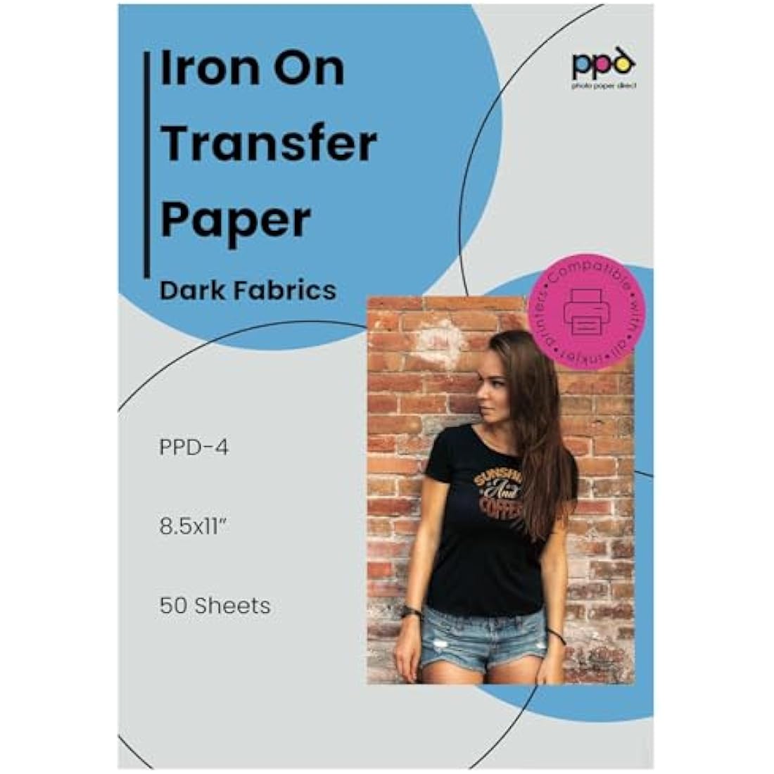 PPD Iron on Transfer Paper for Dark Fabric Compatible with Inkjet Printer, A4, 8.5 x 11 Printable T Shirt Heat Transfer Papers, Custom Print Photo, Durable, Flexible & Machine Washable (50 Sheets)