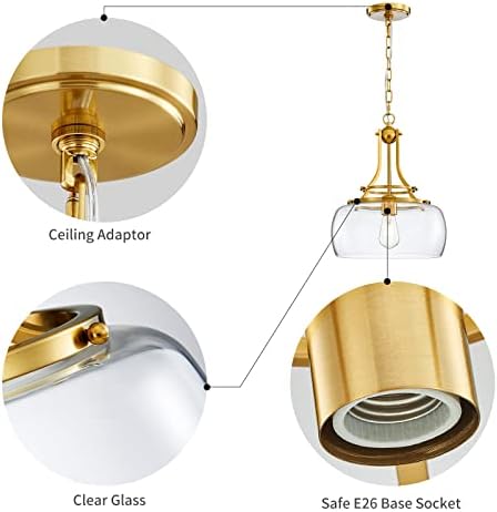 WUZUPS Chandelier Rustic Farmhouse Industrial Round Ceiling Pendant LED Light Fixture with Clear Glass Shades for Dining Room Kitchen Island Foyer Entryway, H 43 x W 34, E27 Base, Brushed Gold