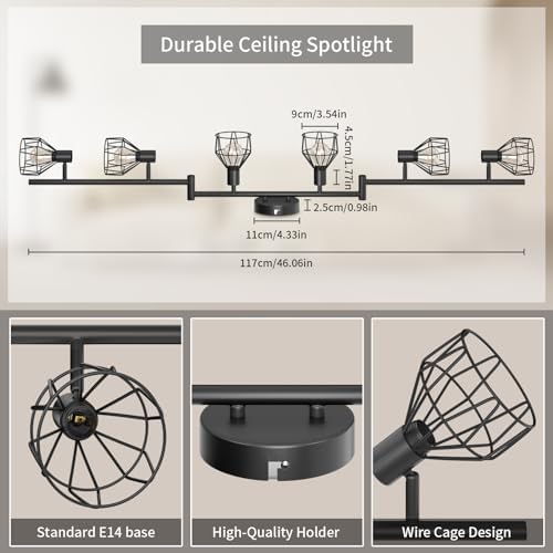 Dehobo Spot Light Fittings for Ceilings Adjustable Metal Wire Cage Kitchen Spotlight with E14 Base Black 6 Way Ceiling Light Industrial for Bedroom Bar Hallway Living Room No Bulb
