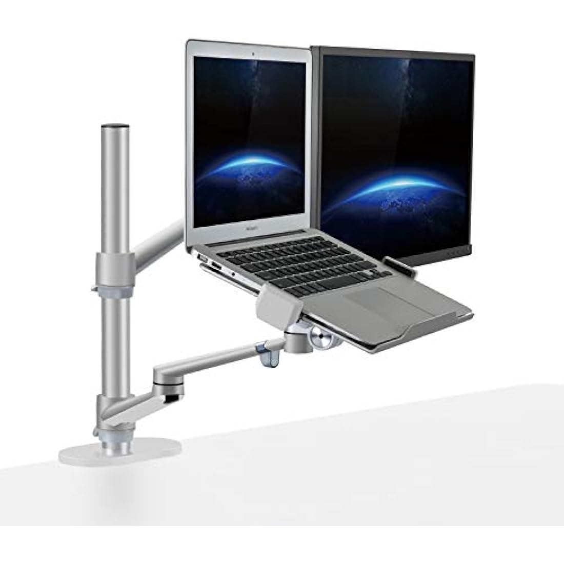 Thingy Club Dual Arm Monitor & Laptop Mount, Desk Mount Stand for up to 30 inch Computer Screen and 12-17 inch Laptop, Height Adjustable, Swivel at Any Angle, Each Arm Supports 8KG (Silver)