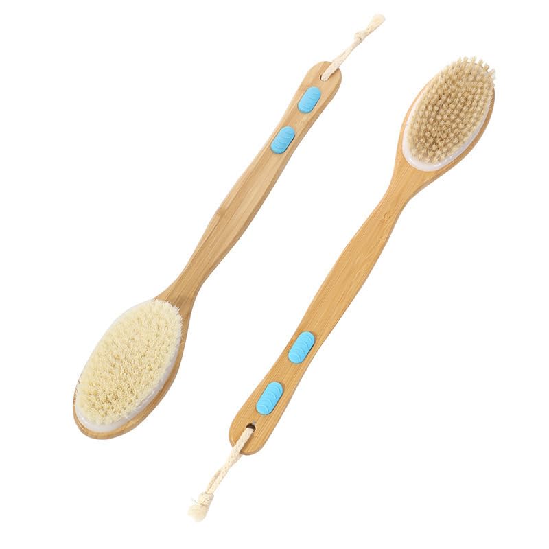 Premium Bamboo Bath Body Brush with Two Sided Natural Bristles ? Long Handle Back Scrubber for Shower & Dry Brushing, Exfoliating & Massage