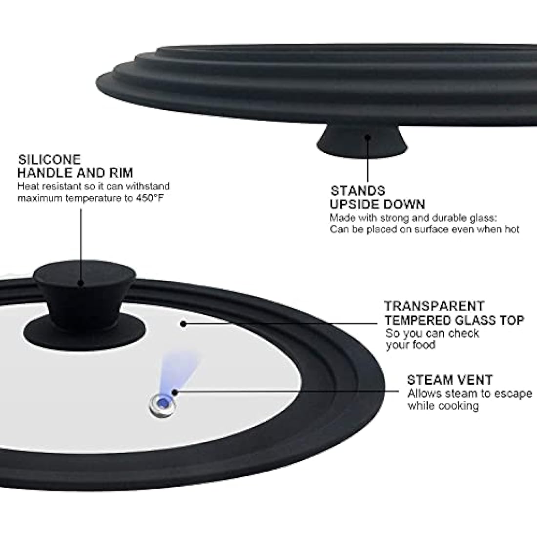 Universal Lid for Pots, Pans and Skillets - Tempered Glass with Heat Resistant Silicone Rim and Fits 18/20/22cm and 26/28/30cm Diameter Cookware