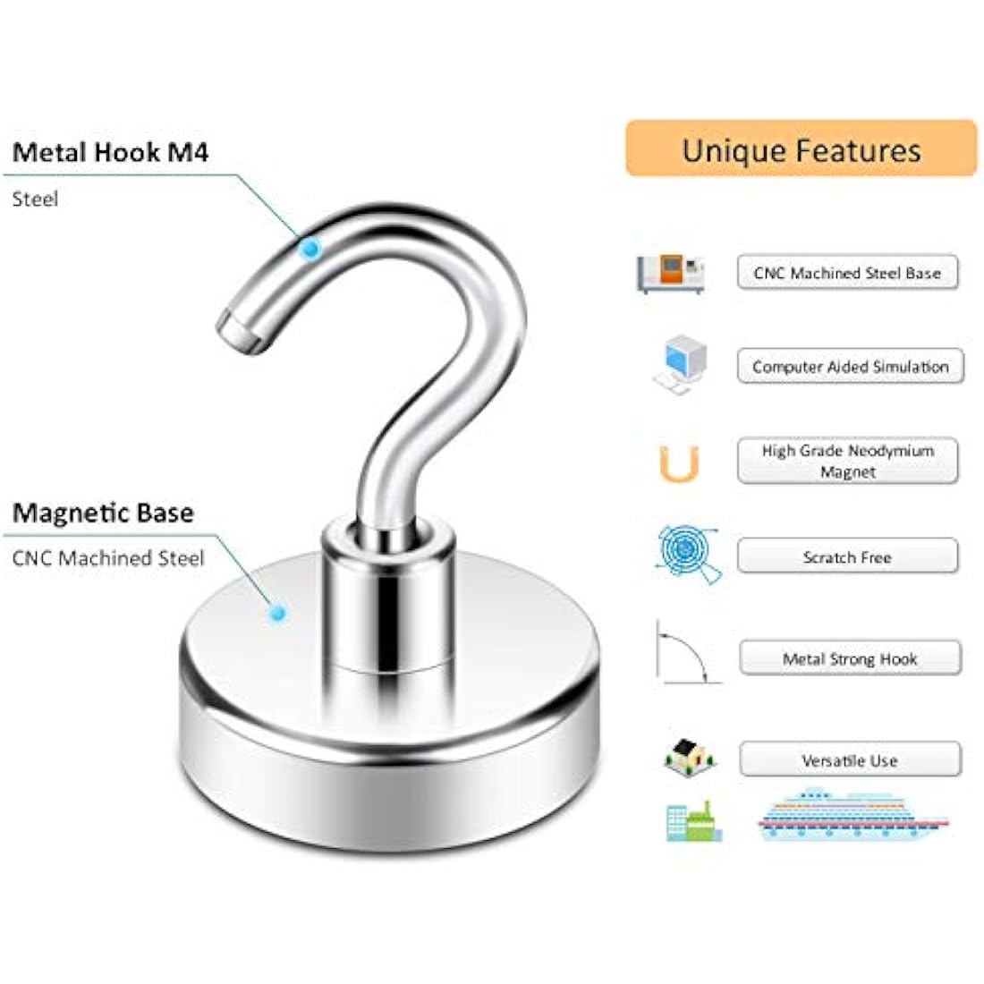 Neosmuk Magnetic Hooks, Heavy Duty Earth Magnets with Hook for Refrigerator, Extra Strong Cruise Hook for Hanging, Magnetic Hanger for Curtain, Grill(Pack of 10)