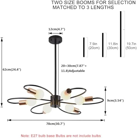 Qcyuui 6-Light Black Chandeliers, Gold Sputnik Ceiling Light, Vintage Instustrial Metal Pendant Light, Adjustable Height Chandeliers for Living Room Bedroom