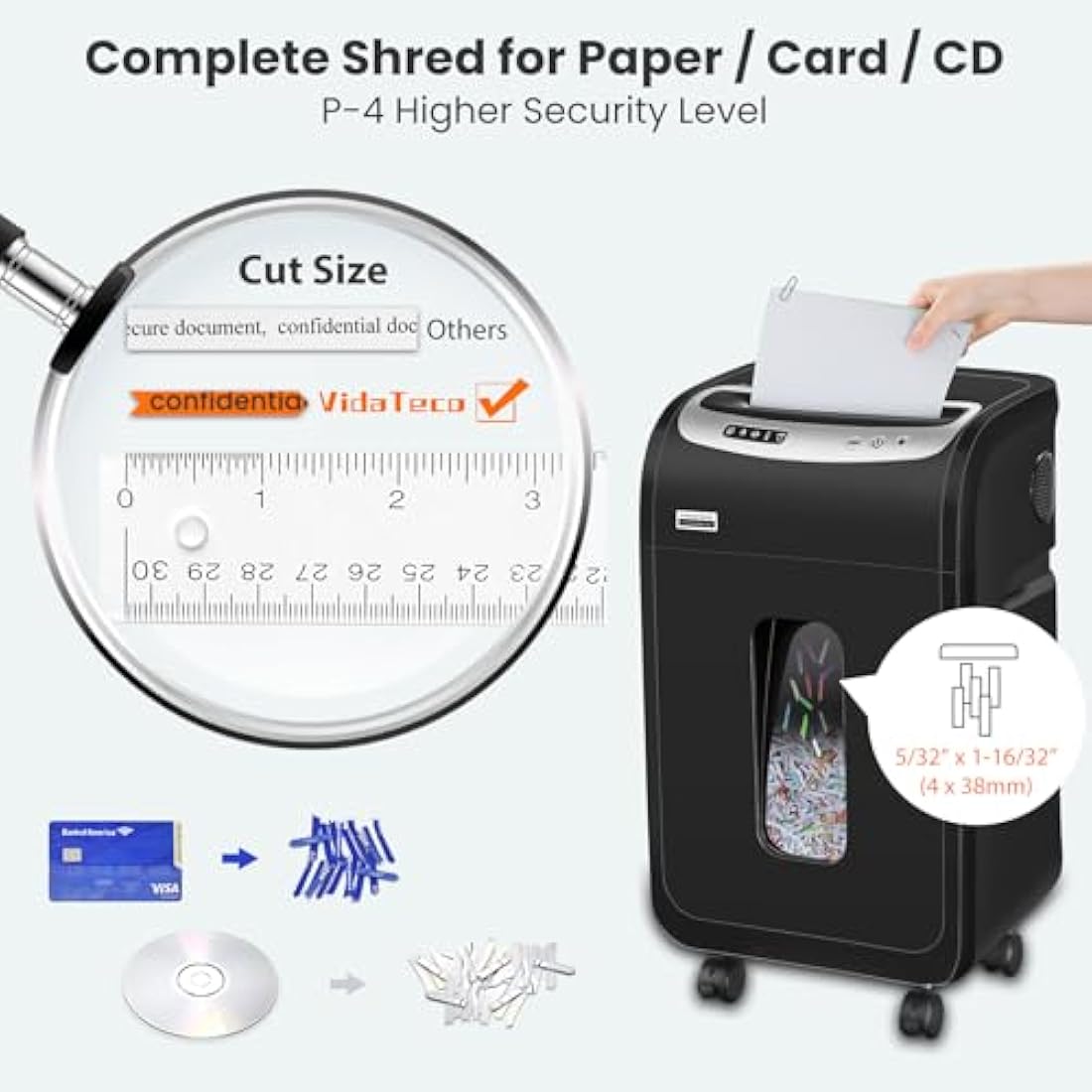 VidaTeco Cross-Cut Paper Shredder Heavy Duty, 20-Sheet 60 Mins Running Shreds Paper/Card/Staple/Clip Paper Shredder for Home Office Use, P-4 AUTO Jam Proof(ETL) 30L Pullout Basket and Wheels