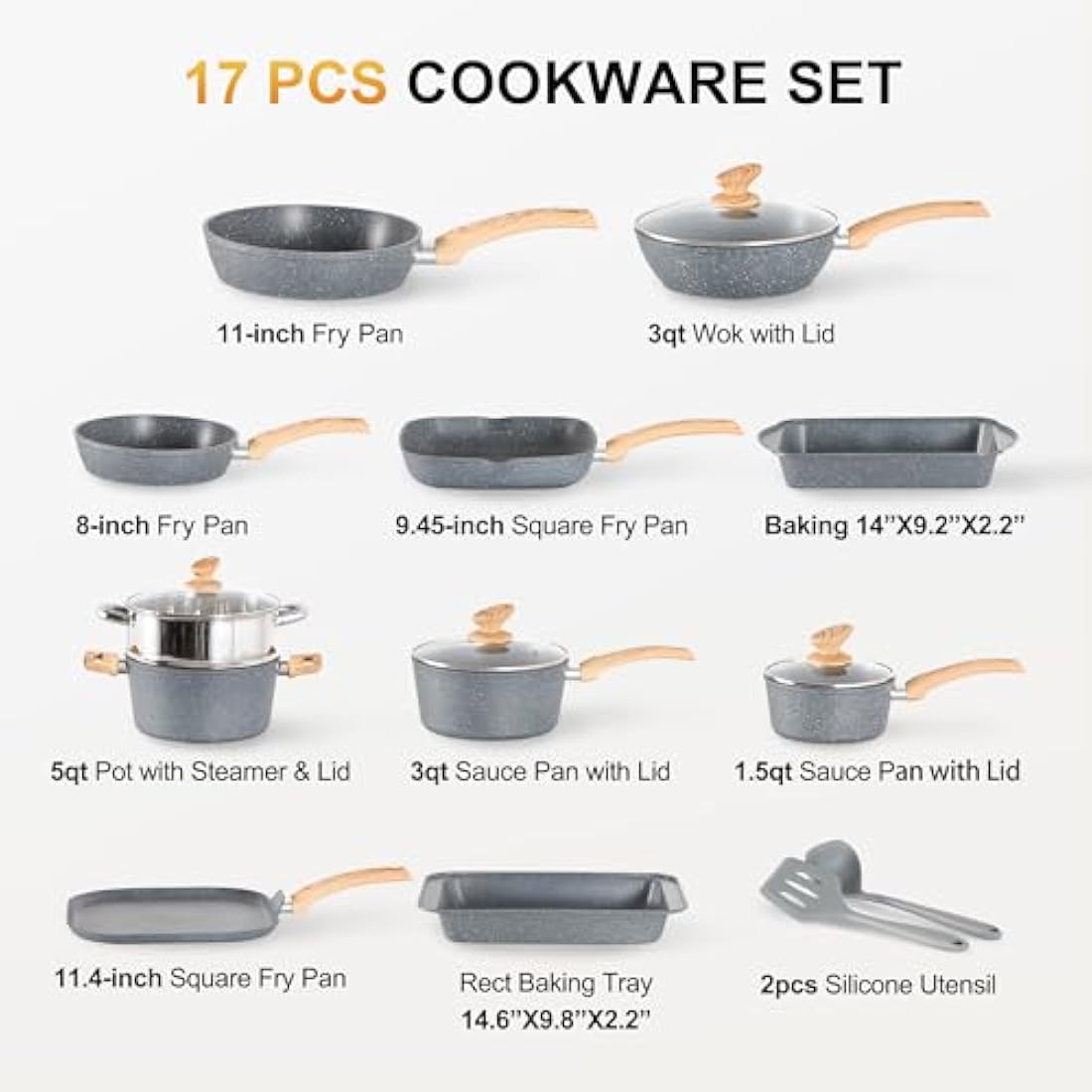 Kitchen Academy 17 Piece Non-Stick Pots and Pans Set, Induction Pan Set, Granite Non-Stick Saucepan Set, Grey