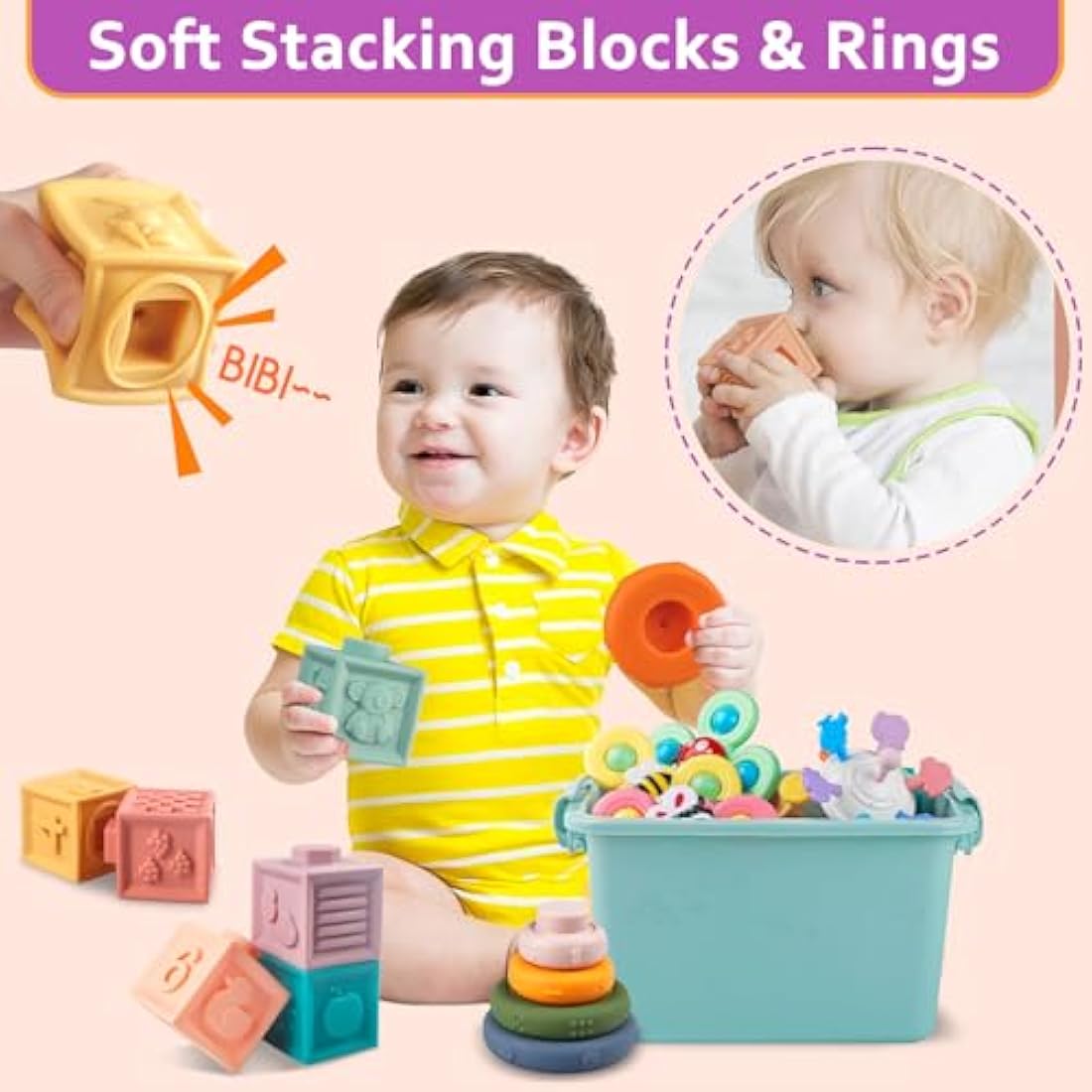 Weilim Baby Toys for 6 to 12 Months, Montessori Babies, Sensory Bins Toddlers 1-3, Pull String Teether Infants Bath in 1 Stacking Blocks Rings, Matching Eggs, Suction Cup Spinner Toy