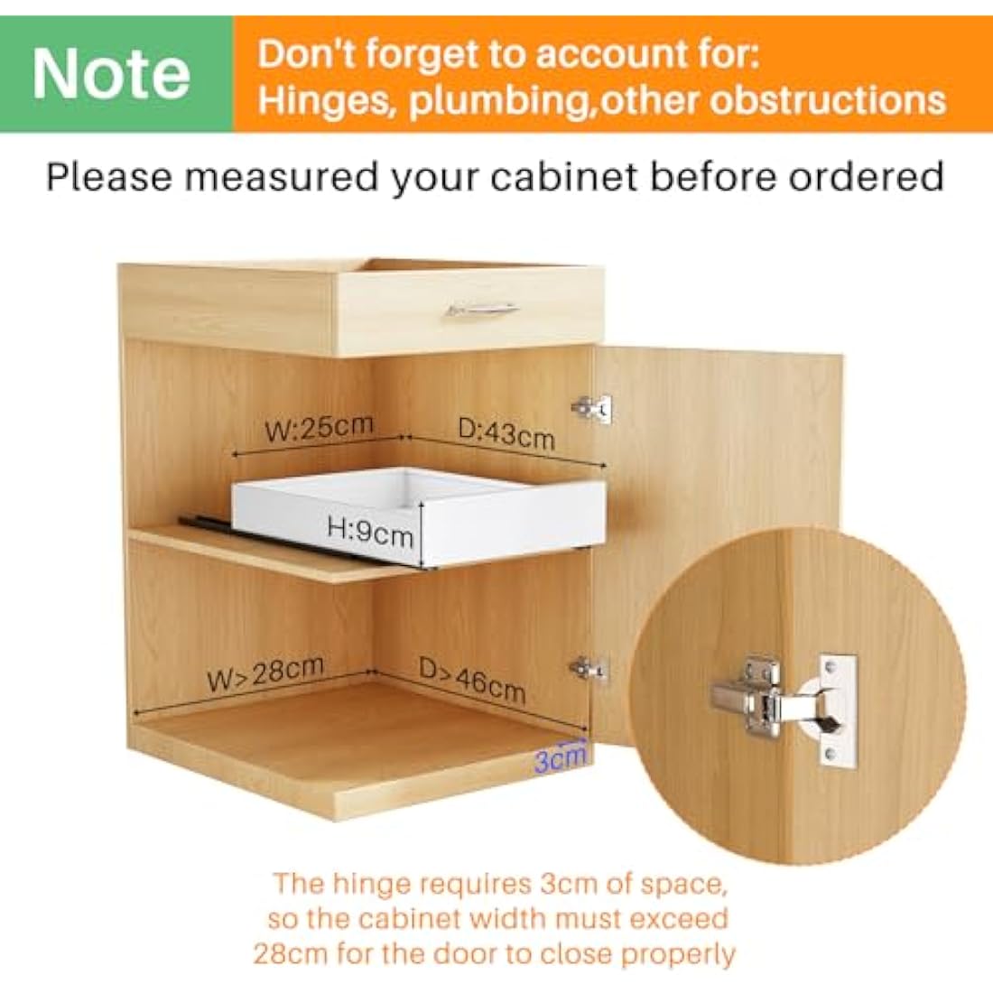 SAYZH Pull Out Cabinet Organiser, Slide Out Drawer Storage Shelves for Kitchen Cupboard, Roll-Out Extendable Sliding Drawer, (43 CM Depth x 25 CM Width x 9CM Height), No Need Drill and Nailing (White)