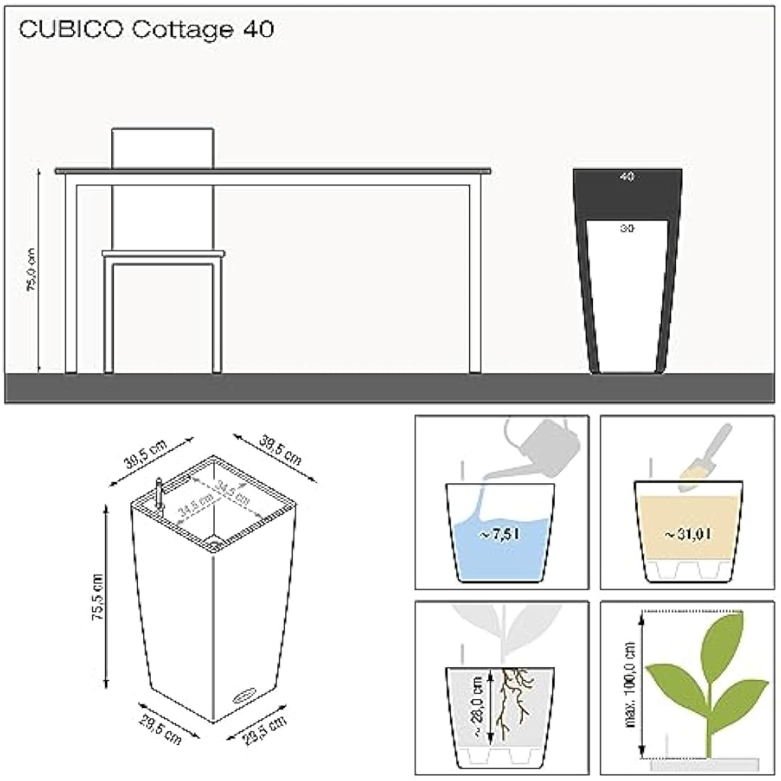 LECHUZA CUBICO Cottage 40 graphite black 15253