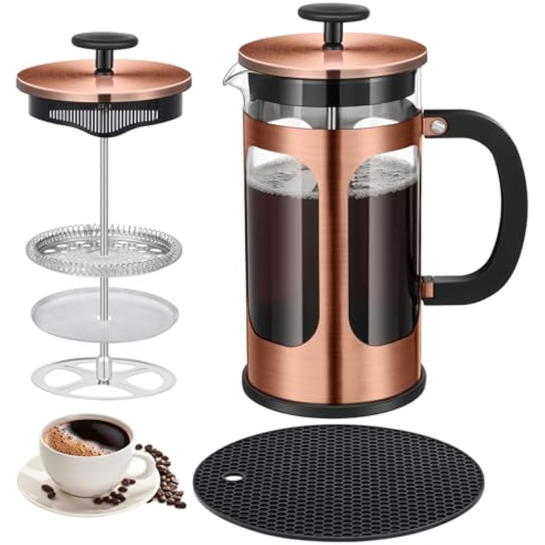 KOOYAT Cafetiere French Press Coffee Maker with Capacity of 1000ml / 6 cup Large Coffee Press for Ground Coffee in Home Office or Travel Heat-Resistant Caffettiera Gift Set for Women and Men Copper