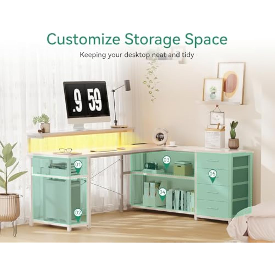 ODK Corner Desk with Drawers, L Shaped Gaming Desk with LED Lights & Power Outlets, Reversible Computer Desks for Home Office Workstation, Office Desks with Monitor Shelf, 135×110 cm, White