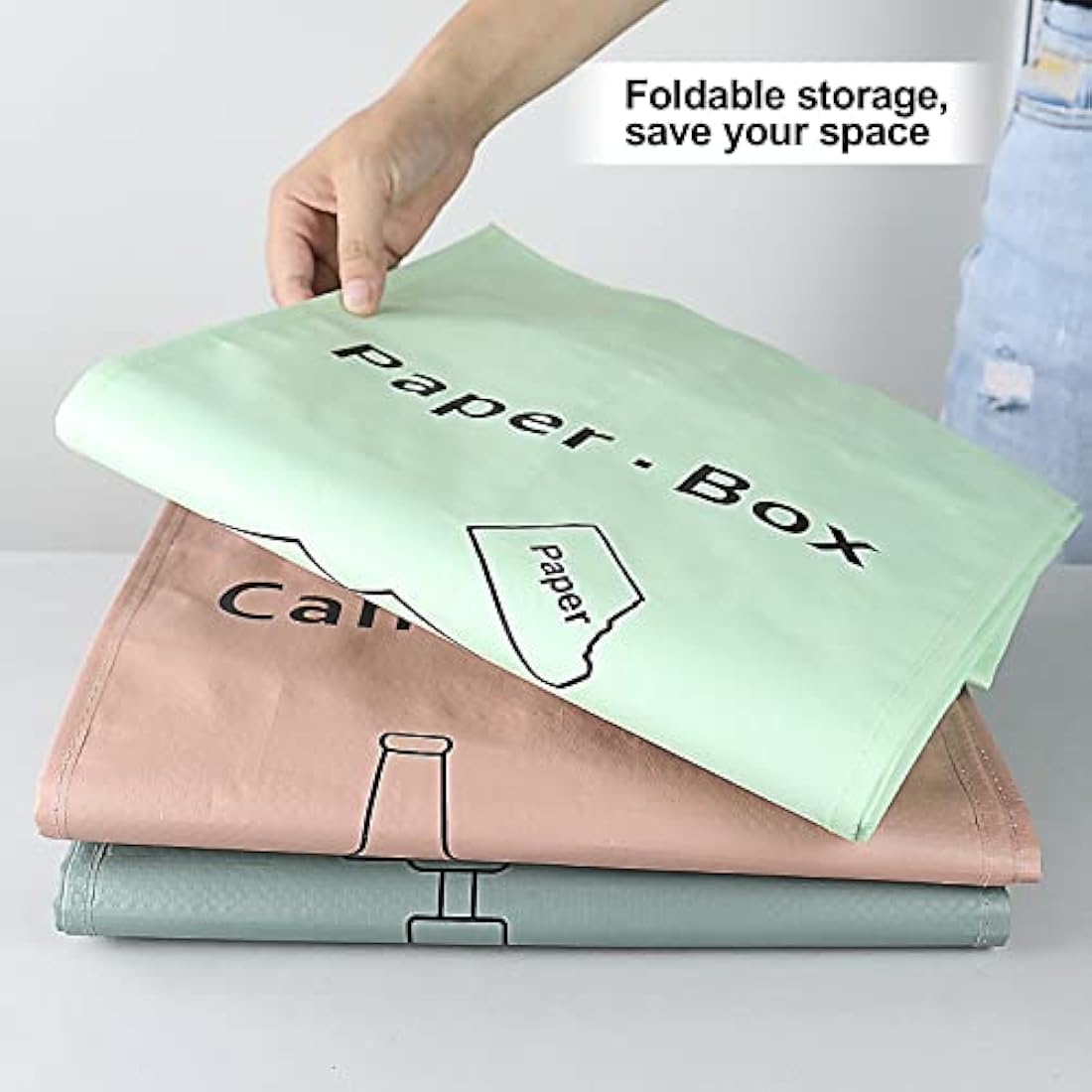 BOMEI PACK 3 Packs Recycling Bags Pink Green Gray with handle Separate Sorting Organizer Woven waste Bins bag 42 Gallon Waterproof for Kitchen Home Office Heavy Duty Reusable Storage Easy clean