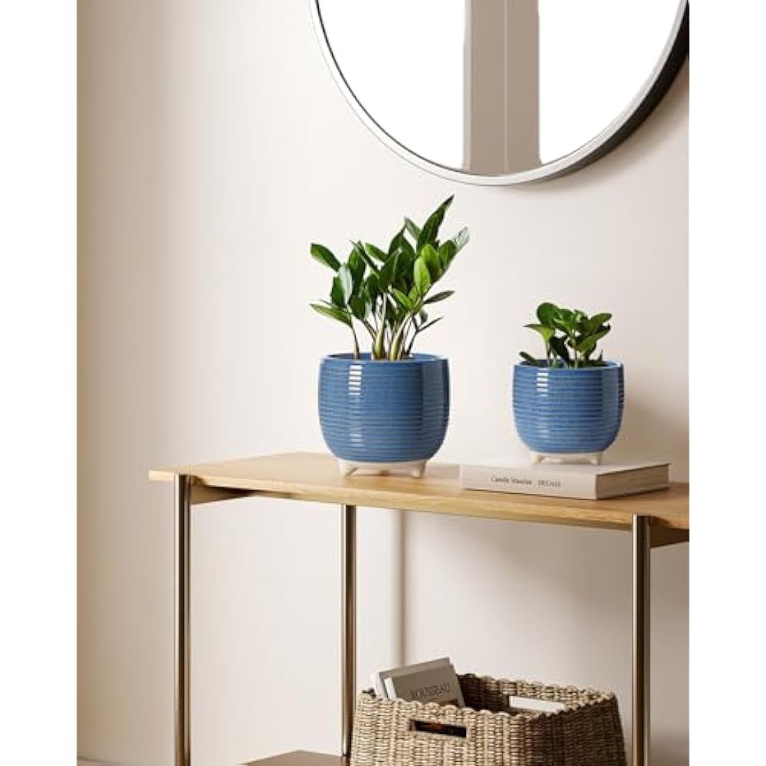 LE TAUCI Ceramic Plant Pots, 12 + 16 cm Footed Pots for Plants, Cute Modern Flower Pots for House and Office, Small Indoor Planters with Drainage, Reactive Glaze Blue