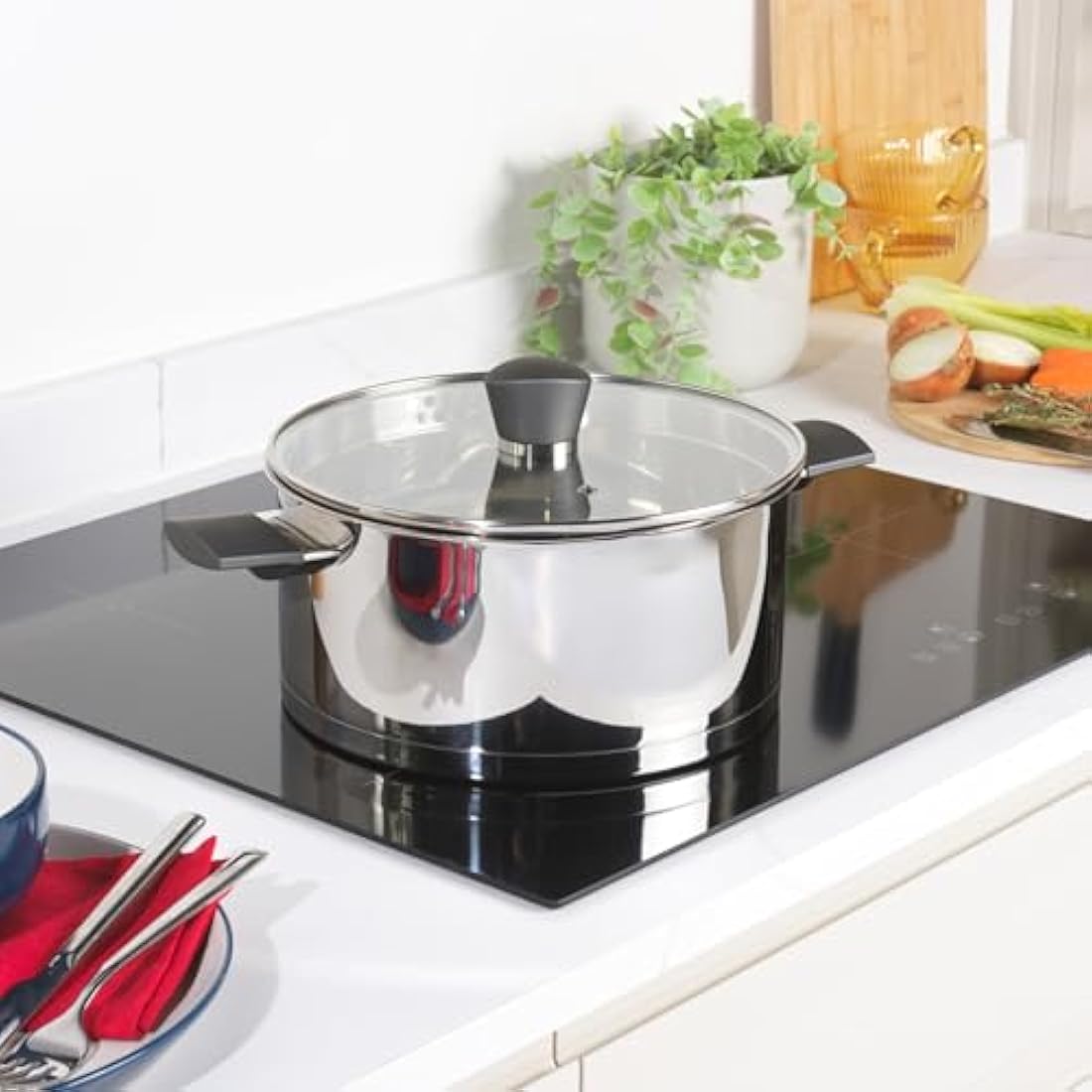 Russell Hobbs RH01168EU7 Excellence 24 cm Stockpot – Stainless Steel Cooking Pot, Glass Lid, Induction Suitable, Pouring Lip, Mirror Polished, PFOA-Free, 4.8L Capacity, Ideal for Soups and Stews