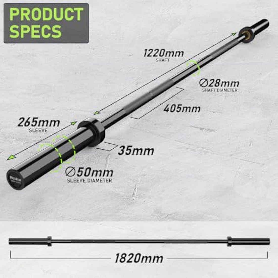 PhysKcal 4ft, 5ft, 6ft Barbell, Olympic EZ Curl Bar with Smooth Bushing & Bearing for 2'' Weight Plates, International Barbells for Press, Squat, Deadlift and Multiple Purposes