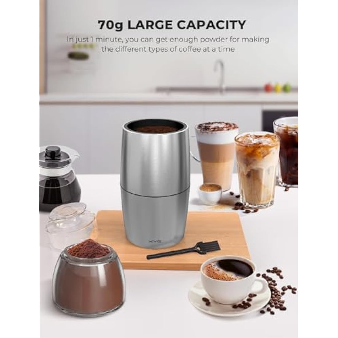 KYG Electric Coffee Grinder - Stainless Steel 300W Motor, 70g Capacity, Low Noise 45dB for Coffee Beans, Spices, etc
