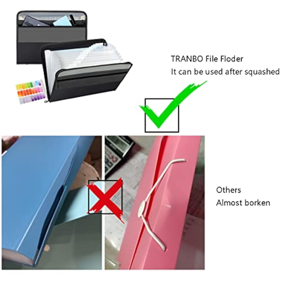 TRANBO 13 Pockets Expanding File Folder with Zipper Closure, A4 Plastic Document Wallet Organizer with Handy Front Pocket for Personal Office Stationary Storage