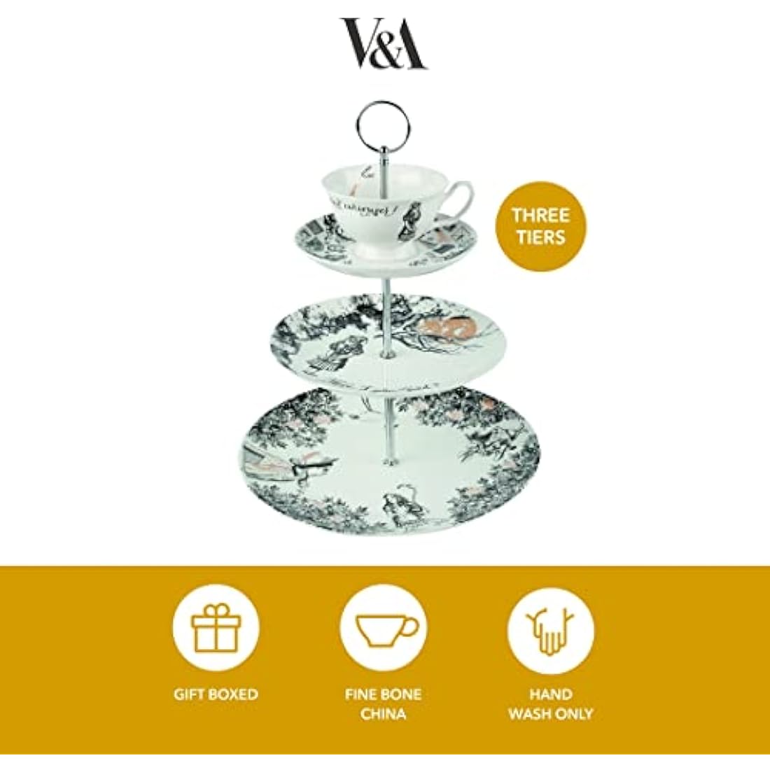 V&A Alice In Wonderland 3 Tier Cake Stand Serving Set, Cake Standing Set, Gift Boxed, White