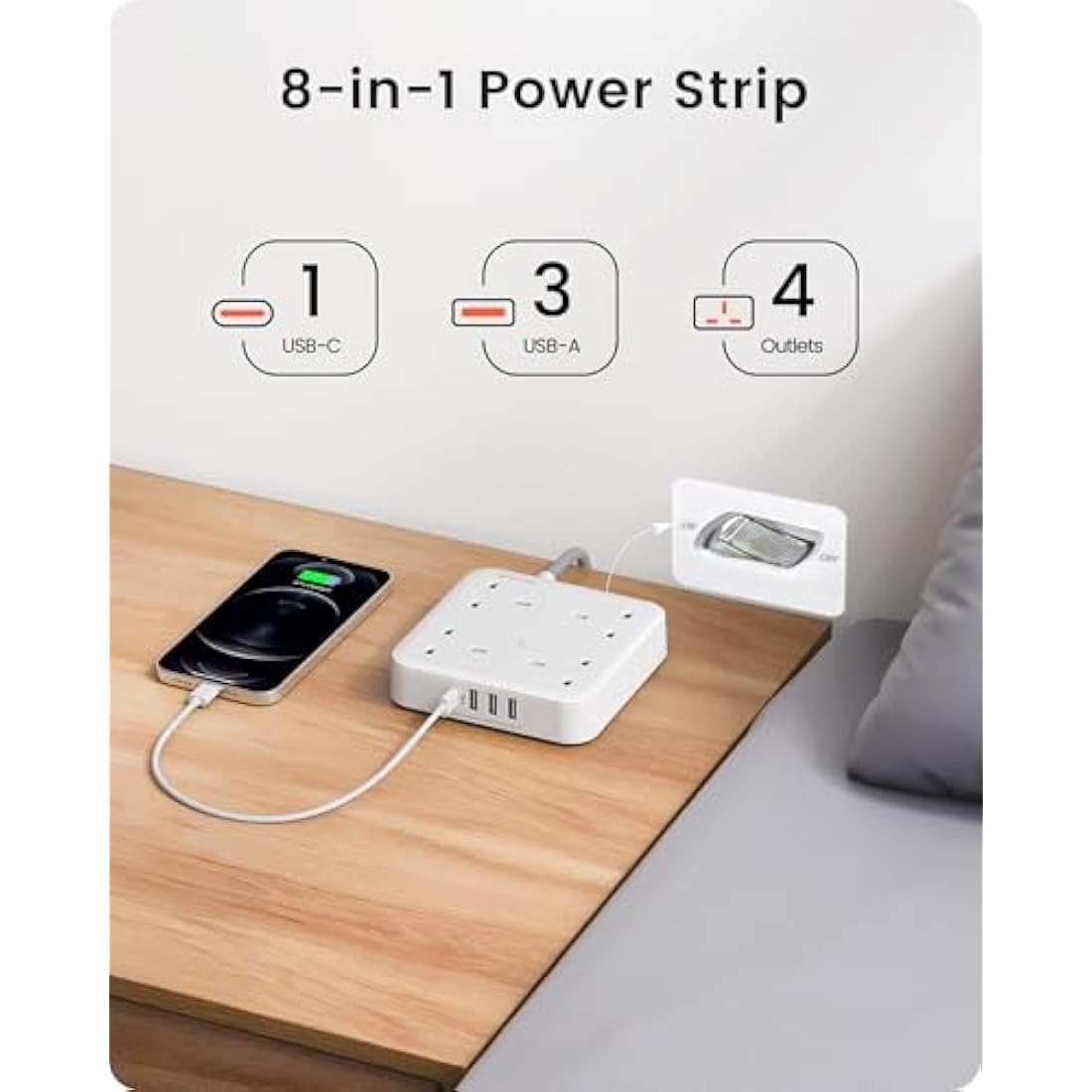 LENCENT 3M Extension Lead with USB C Port (3250W 13A), 4 Way Outlets Power Strip with 1 USB-C and 3 USB Slots, Multi Power Plug Extension with 3M Braided Extension Cord for Home Office- White