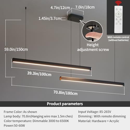 Mikeru Modern Kitchen Island Pendant Lighting, 180cm Hanging Pendant Light Dimmable 10% to 100% Pool Table Lights Put Together Ceiling Lights 3000K/4500K/6500K Linear Chandelier for Living Room