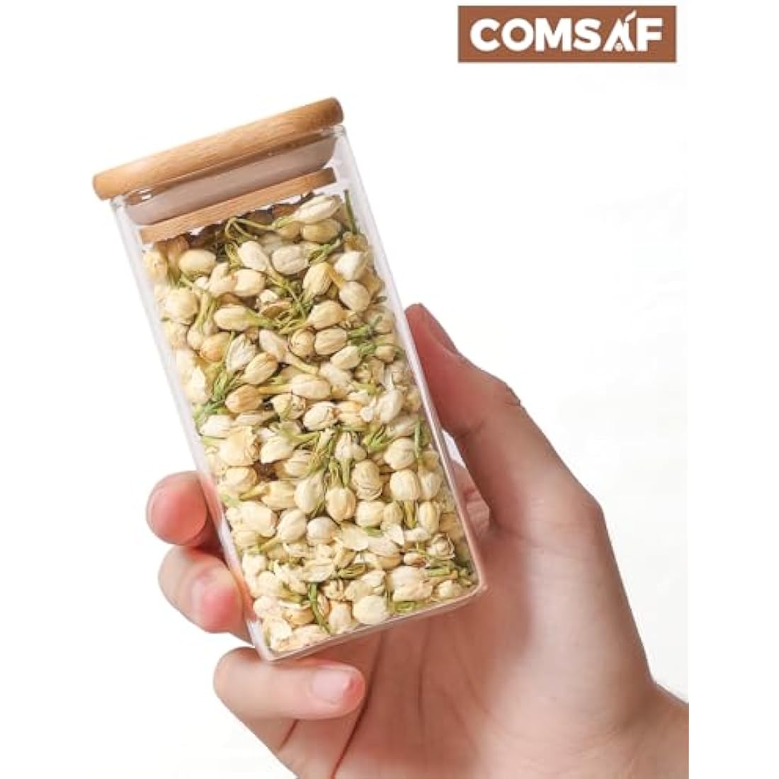 ComSaf 16Pcs Glass Spice Jars with Bamboo Lid, 10oz/300ml Airtight Square Containers with 275 Black Lables, Empty Seasoning Jars for Spice Salt Sugar