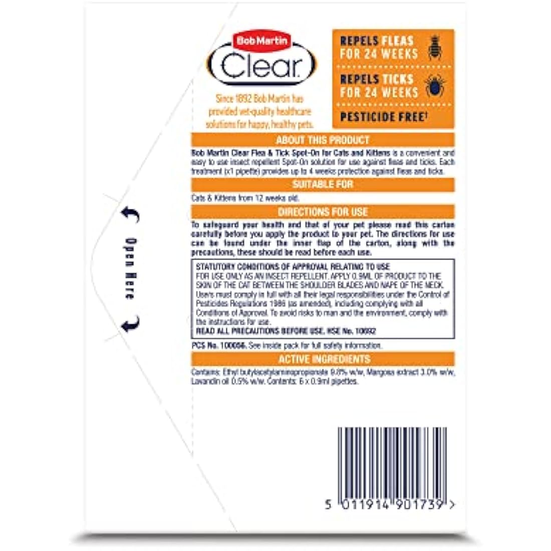 Bob Martin Clear Spot On Flea and Tick Repellent for Cats and Kittens - Pesticide-Free Protection (6 Pipettes)