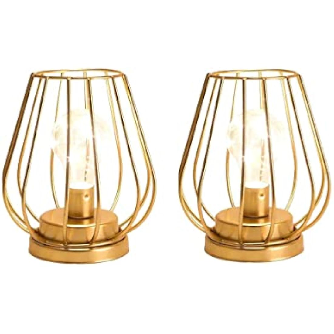 TRIROCKS 2 Set of Metal Battery Operated Table Lamp 17cm Tall Mini Cage Shape Cordless Lanterns with Warm Fairy Lights Bulb for Patio Garden Wedding Parties Indoor Outdoor (Gold)