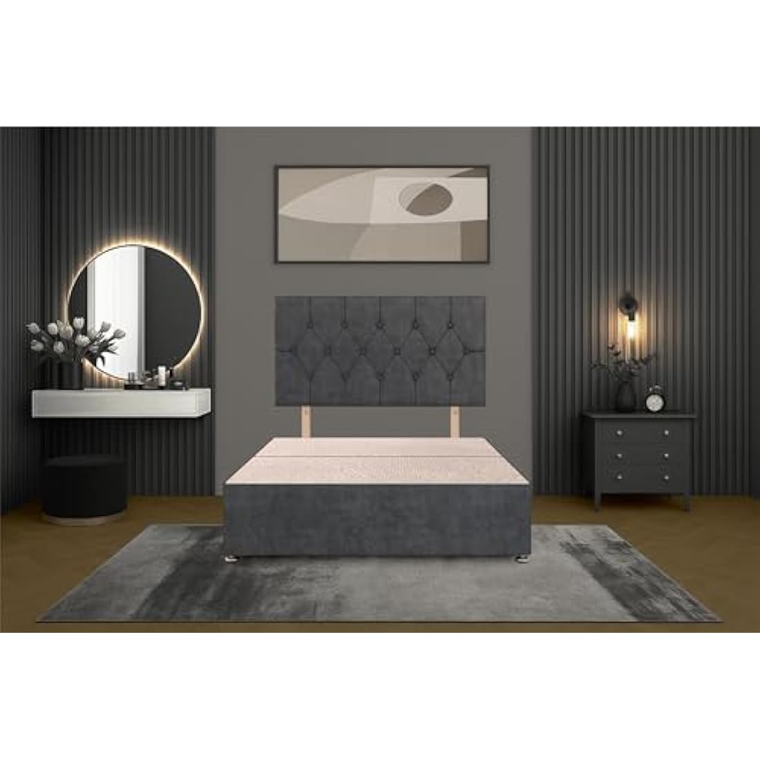 Bed Centre Charcoal Plush Fabric Divan Base Plus Matching Headboard3ft 4ft 4ft6 5ft 6ft (4FT6 (Double))