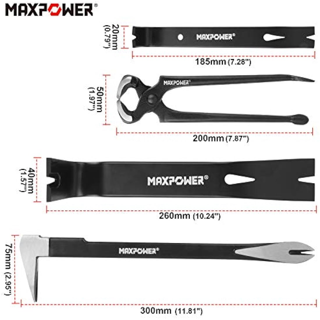 MAXPOWER Pry Bar/Nail Puller Set 4-Piece, 300mm Crowbar Claw Nail Puller, 260mm Wonder Pry Bar Wrecking Bar, 190mm Mini Utility Bar and 250mm Carpenters Pincer