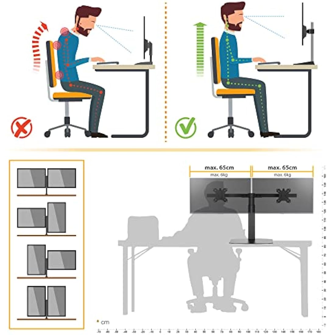 RICOO Dual Monitor Desktop Mount TS4111 gas-powered mounting for 2 flat screens with 17-27 inch with max VESA-Norm 100x100 free-standing double arm bracket PC screen stand in Black