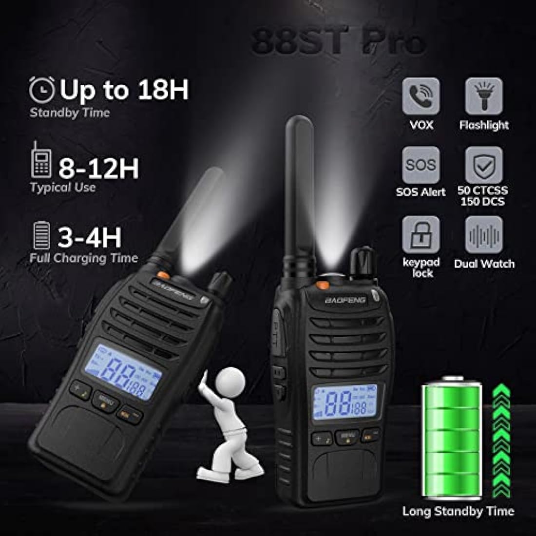 BAOFENG BF-88ST Pro Walkie Talkie, Upgraded Long Range Rechargeable License-Free PMR446 Two Way Radios with LCD Display, VOX Dual Watch, Desktop Charger and Earpieces, 4 Pack