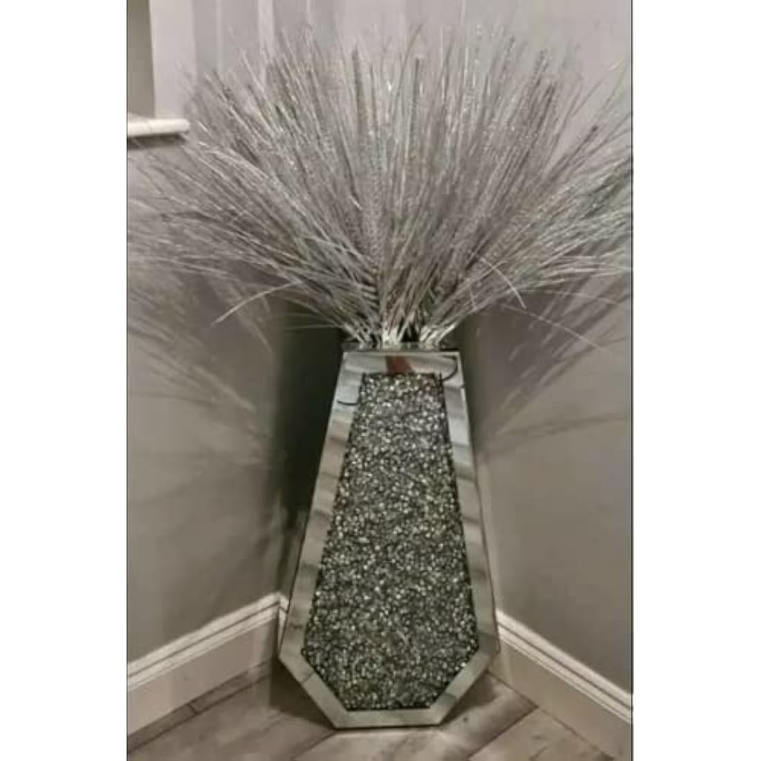 Biznest Large 40Cm Sparkle Diamond Crushed Crystal Sparkly Silver Mirrored Floor Vase Cuffin Shape