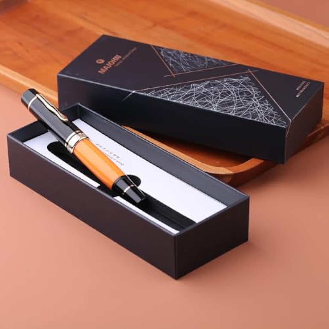 erofa Majohn P139 NO.8 Fine Nib Piston Fountain Pen with Box, Brass Piston System Large Capacity Writing Pen, Black Yellow