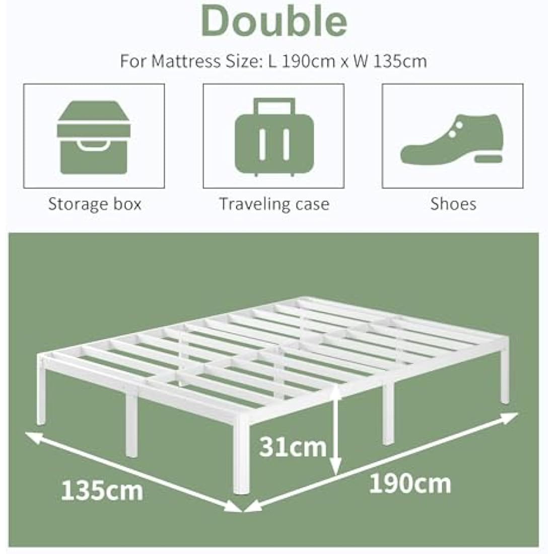 Lutown-Teen White Double Bed Frame 30.5 cm High with Rounded Corner Legs, 4ft 6 Heavy Duty Metal Bed Frame Double 4ft6 with Steel Slats Support, Storage Space Underneath, Easy Assembly