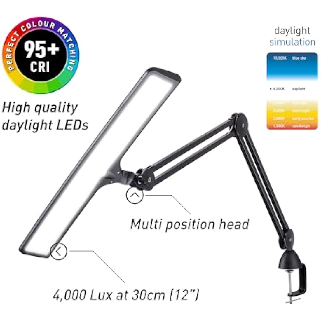 Daylight Lumi Task Lamp - Adjustable LED Desk Lamp with 3800 Lux Brightness, 6000K Daylight, and 95+ CRI for Accurate Color Rendering - Black