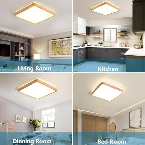YYUTLUO LED Ceiling Light Wood, Top 360 Glow Square Natural Wooden Lamp | 4500K Natural White, 18W 1600lm | Living Room, Kitchen, Dining Room,