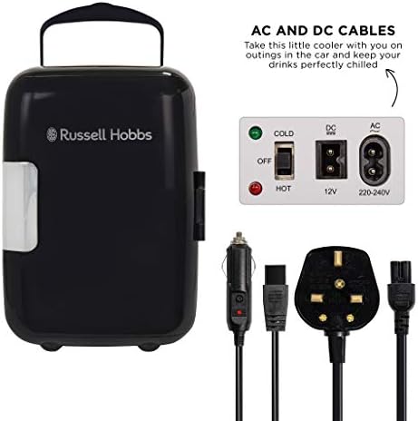 Russell Hobbs Mini Cooler RH4CLR1001B 4L/6 Can Portable Mini Cooler & Warmer for Drinks, Cosmetics/Makeup/Skincare, AC/DC Power, Retro Style, Black, For Bedroom, Home, Caravan, Car