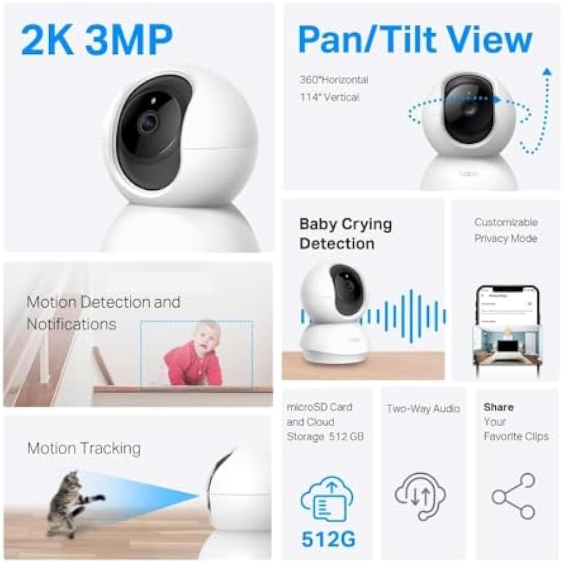Tapo Wifi Indoor Camera, 2K 3MP Full HD Baby Camera, 360° Security Wireless Pet Camera, Night Vision, Work with Alexa & Google Home, 2 Pack(Tapo C210P2) (Package may vary)
