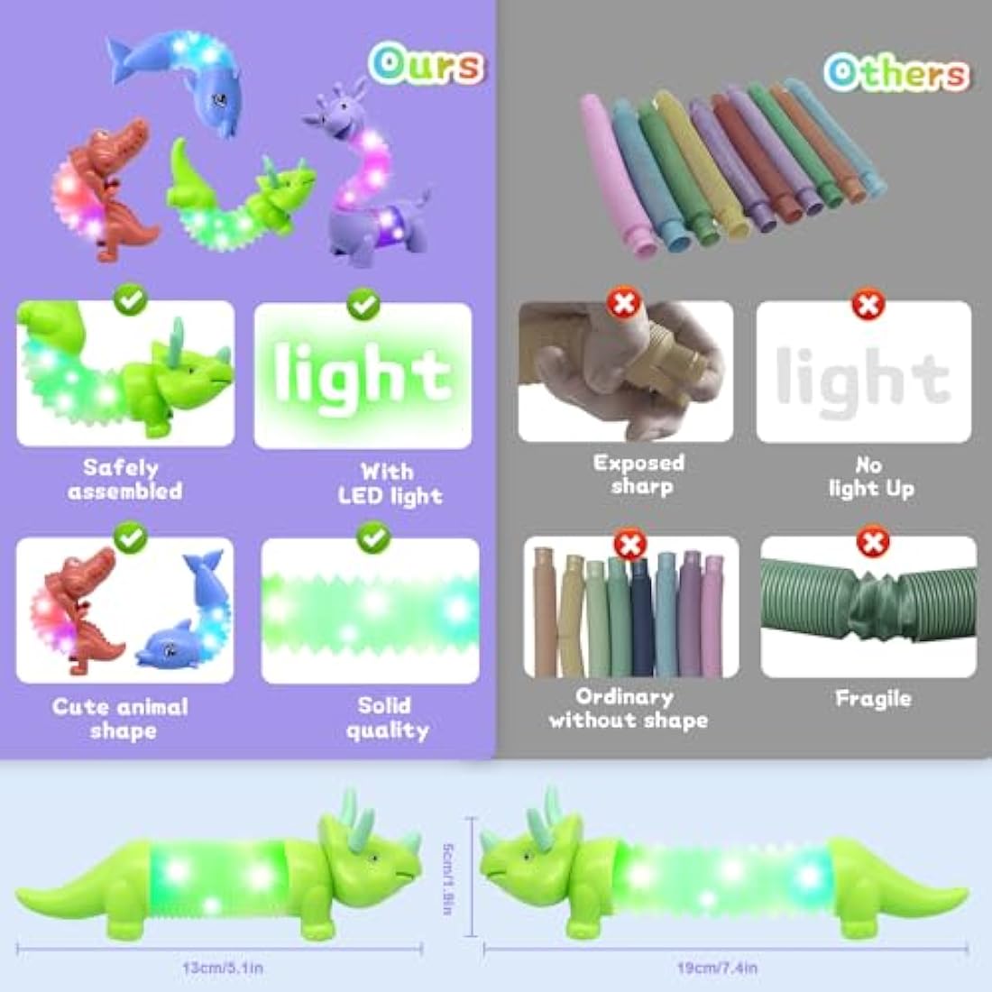 DELEE Pop Tubes Animal Toy, 4Packs Animal Tubes for Autism with LED Light, Christmas Glow Party Favors, Stress Relief Toys for ADHD Kids,Party Supplies for Halloween Birthday Gifts 3 4 5 Year Old