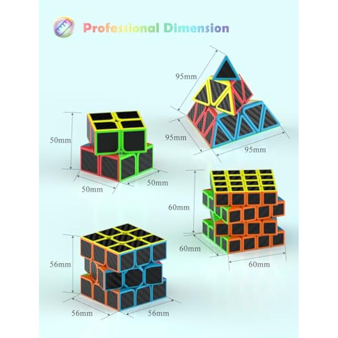 ROXENDA Speed Cube Set, 2X2 3X3 4X4 Pyramid Cube Stickerless with Instruction [4 Pack] (Carbon Fiber Cube Set)