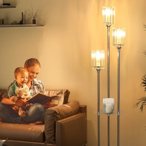 Rayofly Modern Floor Lamps for Living Room, 3-Lights Crystal Floor Lamp with Shelves, Chrome Standing Lamp with Crystal Shades and Foot Switch, Standing Lamps for Bedroom, Corner Tall Lamp for Office