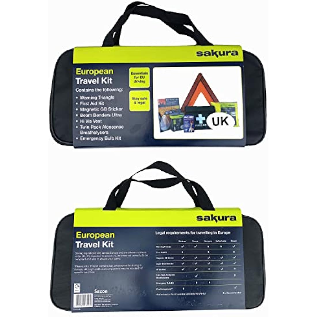 Sakura EU Travel and First Aid Kit - Warning Triangle, Beam Converters, Breathalyser, Bulb Kit, Hi-Vis Vest, Magnetic GB Sticker Perfect for Car, Home, Work