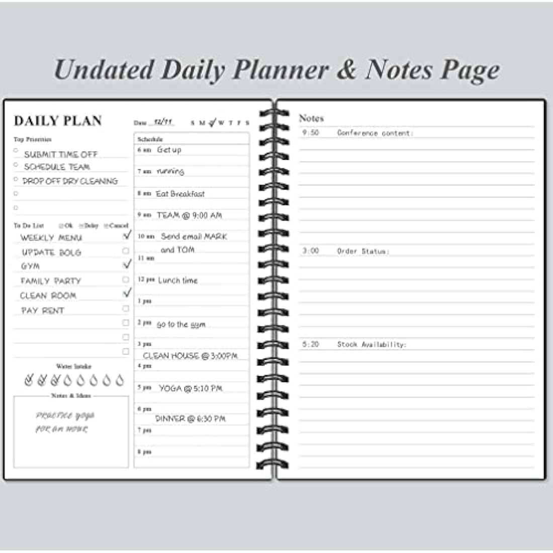 Daily Planner Undated - A5 To Do List Notebook Hourly Schedules, Spiral Appointment Planner for Women and Men, PVC Hardcover, Inner Pocket, Elastic Closure, 5.8" x 8.5", Black