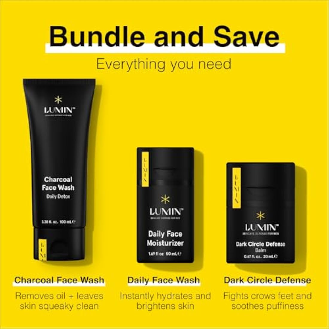 Lumin - No Baggage Trio - A skincare kit, Includes: Charcoal Face Wash Daily Detox, Daily Face Moisturiser & Dark Circle Defense Balm, Ideal for fine lines & dark circles, Suitable for all skin types